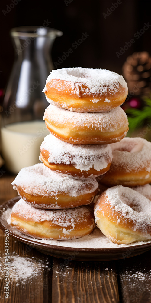 Sweet German Berliner donuts with filling and powder sugar on top, blurred background Sweet German Berliner donuts with filling and powder sugar on top, blurred background