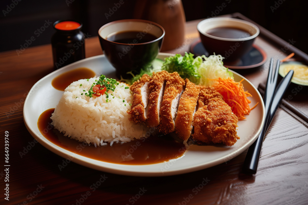 Japanese Katsu Curry Meal with Rice and Vegetables