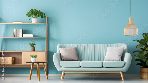 Light turquoise sofa and wooden shelving unit near teal wall. Scandinavian interior design of modern stylish living room photo