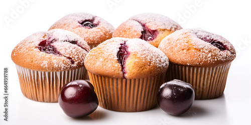 Home baked delicious cupcakes with cherries, on white background 
