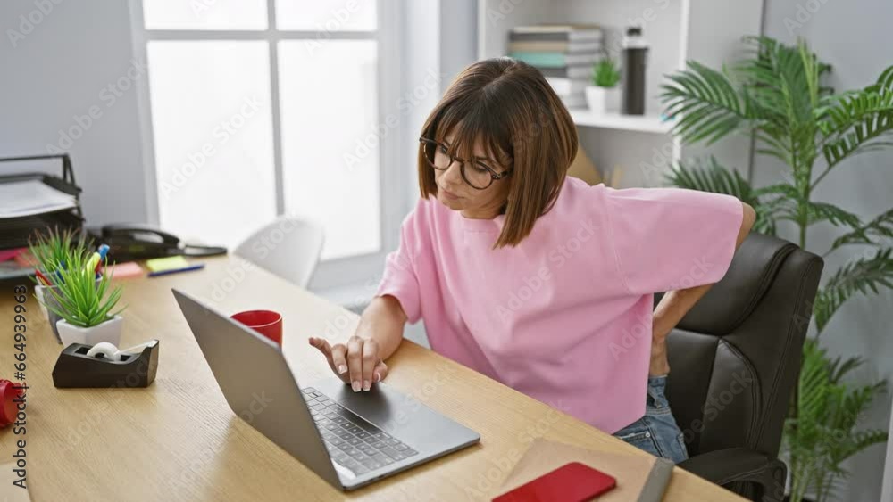 Heartbreaking portrait of young, beautiful hispanic woman worker suffering with agonizing backache while sitting at office table, a worried and unhappy manager touching her injured spine Heartbreaking portrait of young, beautiful hispanic woman worker suffering with agonizing backache while sitting at office table, a worried and unhappy manager touching her injured spine