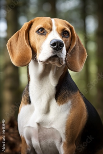 A Beagle standing alert with its ears perked up, keenly listening to its surroundings. © Oleksandr