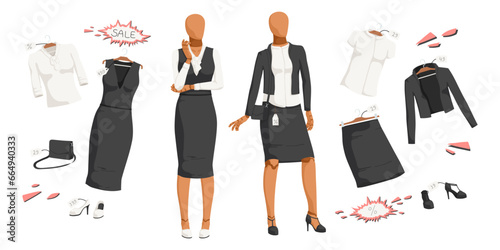 Collection of black and white woman formal wear. Clothes on sale. Shop showcase. Collection of dress, skirt, handbag, heels. Female office uniform. Isolated on white background. Vector illustration