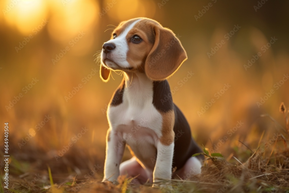 A Beagle puppy with floppy ears and soulful brown eyes, sitting on a grassy field, looking up with curiosity.