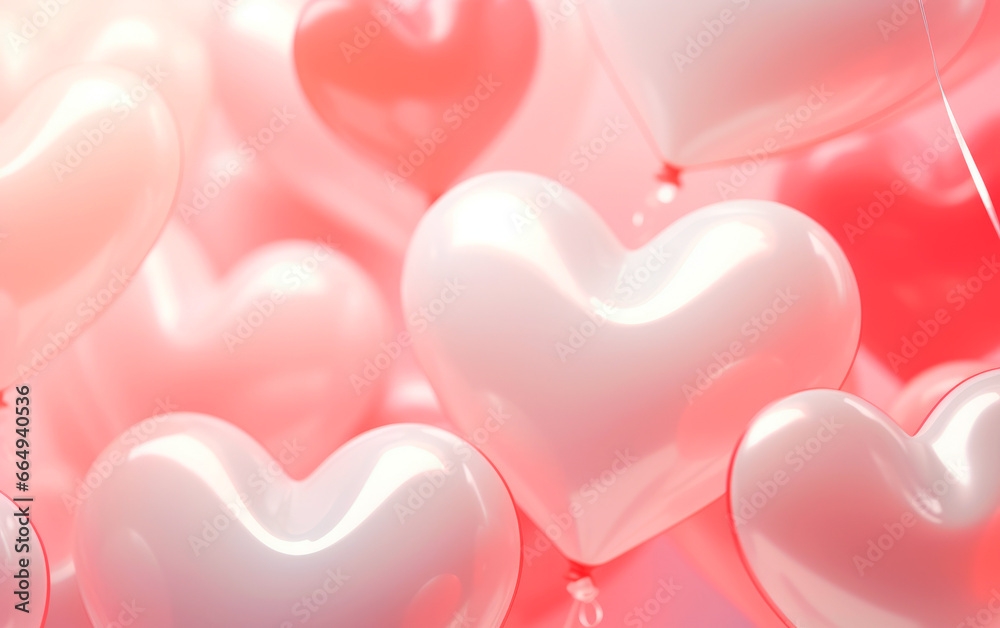 Valentine's Day banner. Wallpaper header closeup of cute 3D hearts in pink tones with copy space. Love concept. Celebrate life.