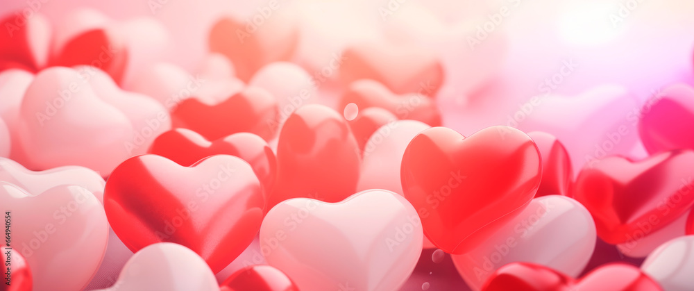 Valentine's Day banner. Wallpaper header closeup of cute 3D hearts in pink tones with copy space. Love concept. Celebrate life.