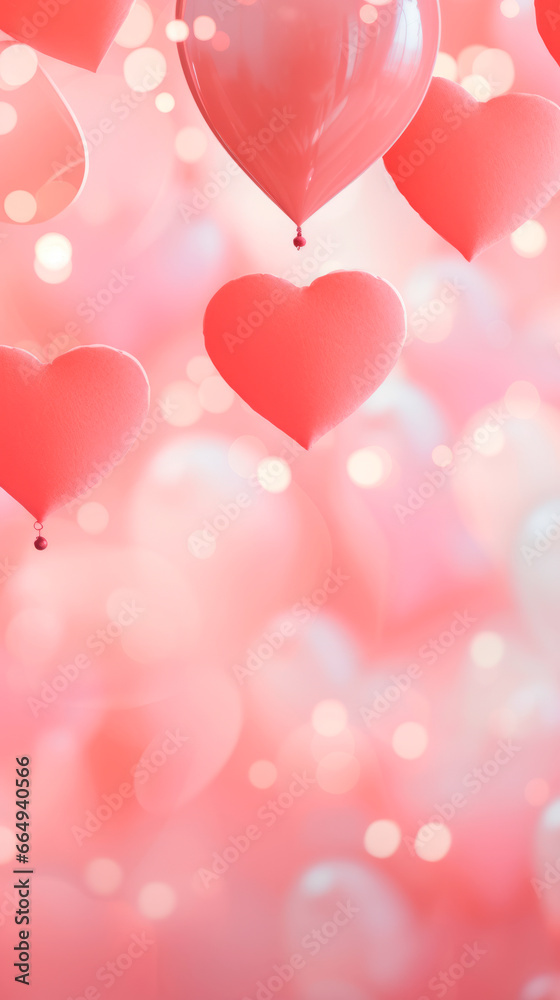Valentine's Day vertical background. Wallpaper closeup of cute 3D hearts in pink tones with copy space. Love concept. Celebrate life.