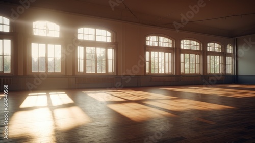 Empty classical dance hall with mirror, sunlight from windows. Ballet class photo