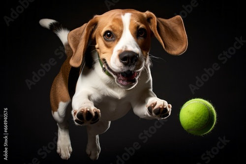 An image of a Beagle chasing after a tennis ball, captured mid-air, showcasing its agility and playful nature.