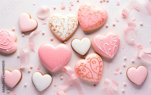 Valentine's Day banner. Top view of cute and delicious valentine's day cookies with copy space. Love concept. Celebrate life.