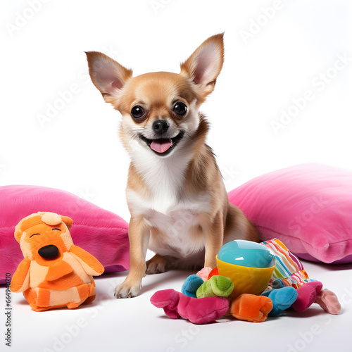 Chihuahua dog sitting with toys and pillows isolated on a white background © Екатерина Абрамова