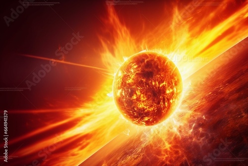 Fiery solar explosion bursting with energy and flares amidst the vastness of space. Generative AI