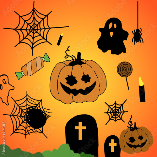 Halloween vector background design. Happy halloween trick or treat text with cute ghost and pumpkins element for spooky yard party celebration