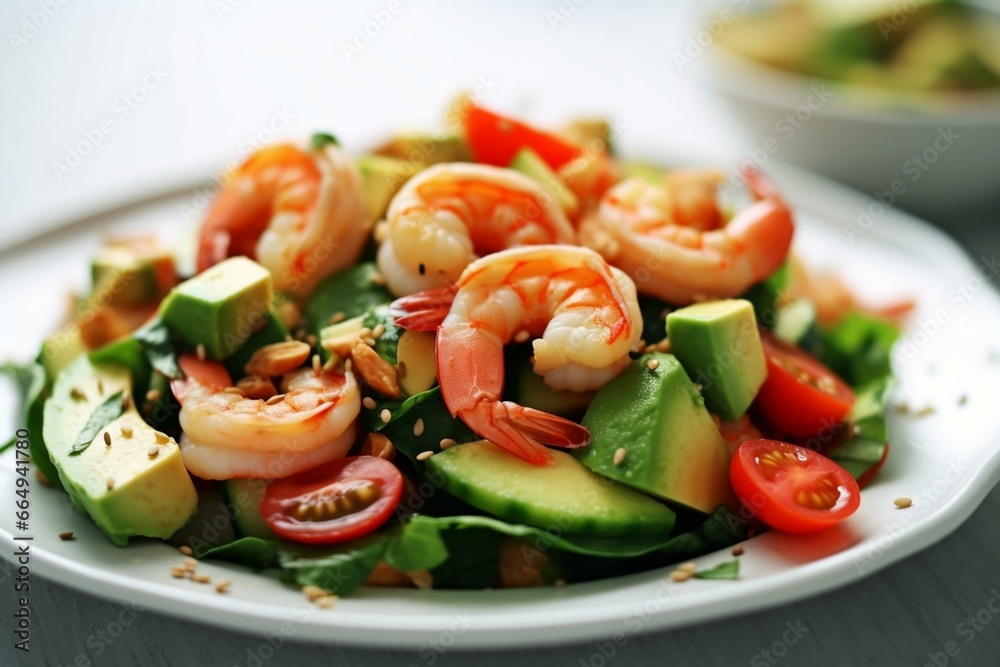 Healthy low-carb salmon shrimp avocado spinach cucumber tomato cashew nut sesame salad on a white table. Generative AI