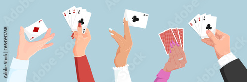 Playing poker card in people hand. Man and woman play blackjack game. Four of a kind. Clubs, hearts, wines, diamonds ace. Gambling in casino, lucky entertainment. Blue background. Vector illustration