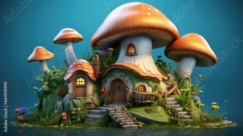 Mushroom fantasy house illustration, nature fairy home, fairy tale forest, magical, cottage, tree