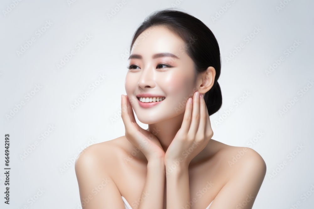 portrait of a beautiful young Asian model woman smiling with clean teeth. on an isolated white background. portrait of a beautiful young Asian model woman smiling with clean teeth. on an isolated white background.
