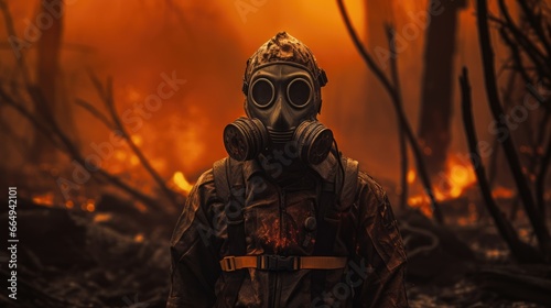 Scorched earth after the end of the world. Man in a mask and protective suit