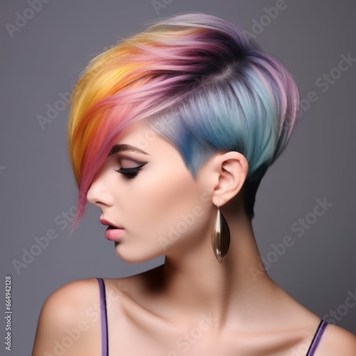 Portrait of a woman with bright colored flying hair  all shades. Hair coloring  beautiful lips and makeup. Hair fluttering in the wind. Sexy girl with short hair. Professional coloring
