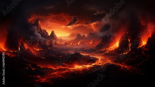 End of the world, the apocalypse, Armageddon. Lava flows flow across the planet, hell on earth, fantasy landscape inferno magma volcano