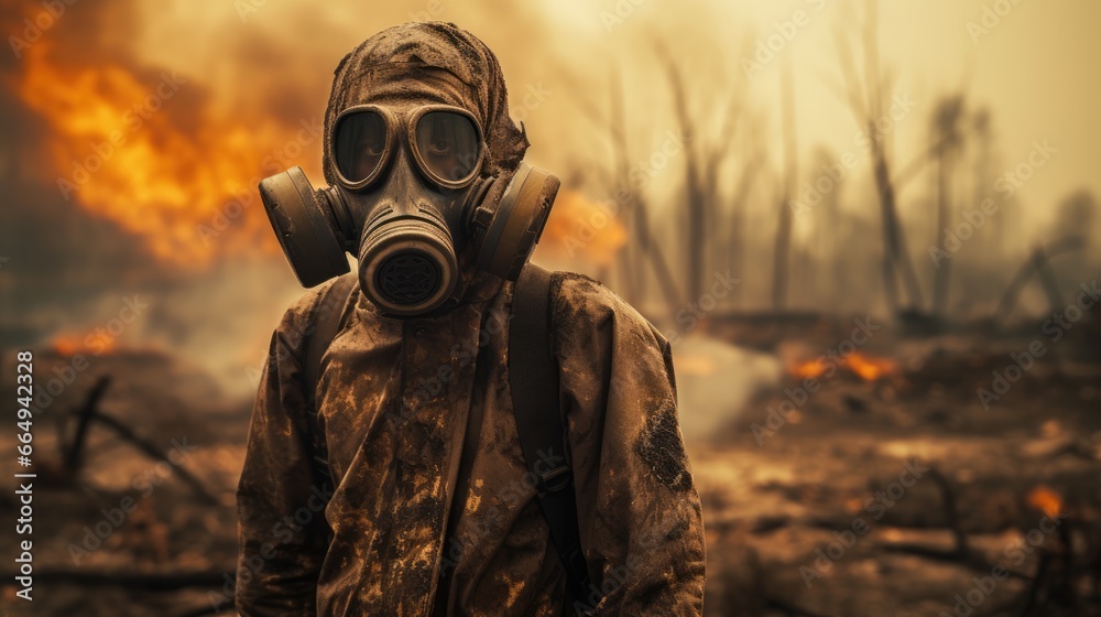 Scorched earth after the end of the world. Man in a mask and protective suit - obrazy, fototapety, plakaty 