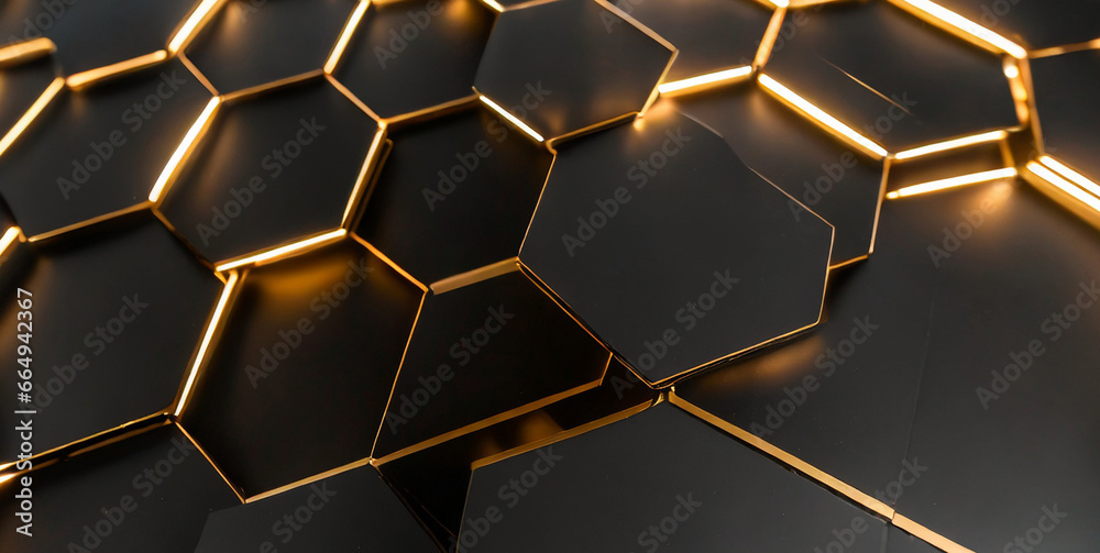 luxury hexagonal abstract black metal background with golden light lines dark d geometric t  - obrazy, fototapety, plakaty 