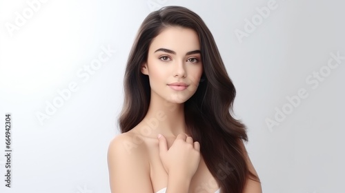 closeup photo portrait of a beautiful young model woman happy and smiling. on an isolated white background