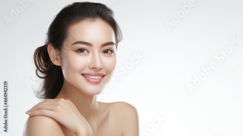 closeup photo portrait of a beautiful young model woman happy and smiling with clean teeth. and an isolated white background.