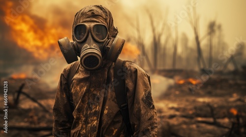 Scorched earth after the end of the world. Man in a mask and protective suit photo