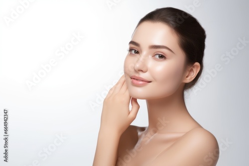 closeup photo portrait of a beautiful young model woman happy and smiling. on an isolated white background