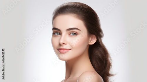 closeup photo portrait of a beautiful young model woman happy and smiling. on an isolated white background