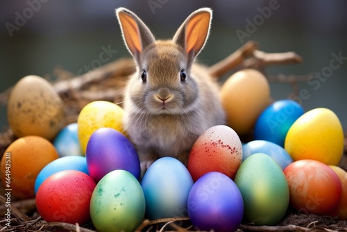 Bunny holding colorful eggs. Generative AI © Adriel