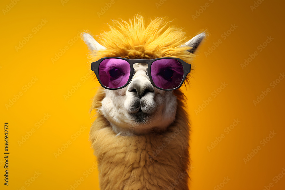  fashionable and funny animal llama in sunglasses looking at the camera isolated on color background