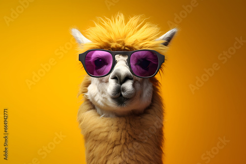  fashionable and funny animal llama in sunglasses looking at the camera isolated on color background © Marina Shvedak