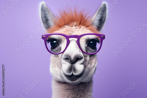  fashionable and funny animal llama in sunglasses looking at the camera isolated on color background © Marina Shvedak