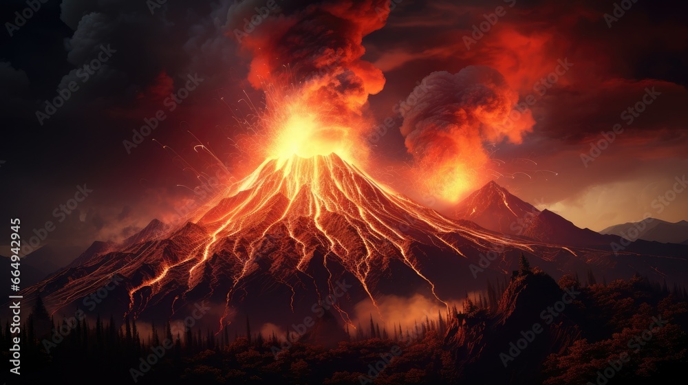Volcano eruption at night. Natural disaster, volcano explosion. Lava erupts