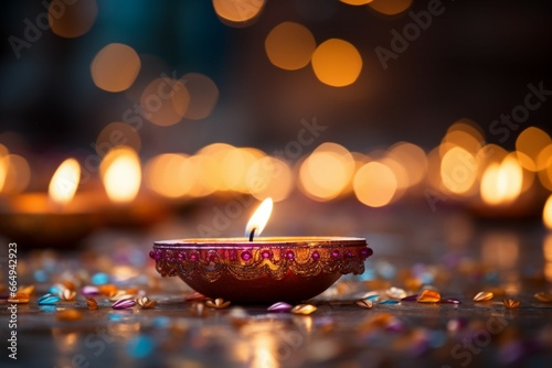 A blurred background of Diwali diya lamps, epitomizing the festival of lights