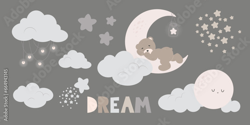 Set nursery elements. Cartoon teddy bear sleeping, moon, inscription dream, clouds and stars. Can be used for kid poster, card baby shower or wallpaper. Vector illustration with dark background.