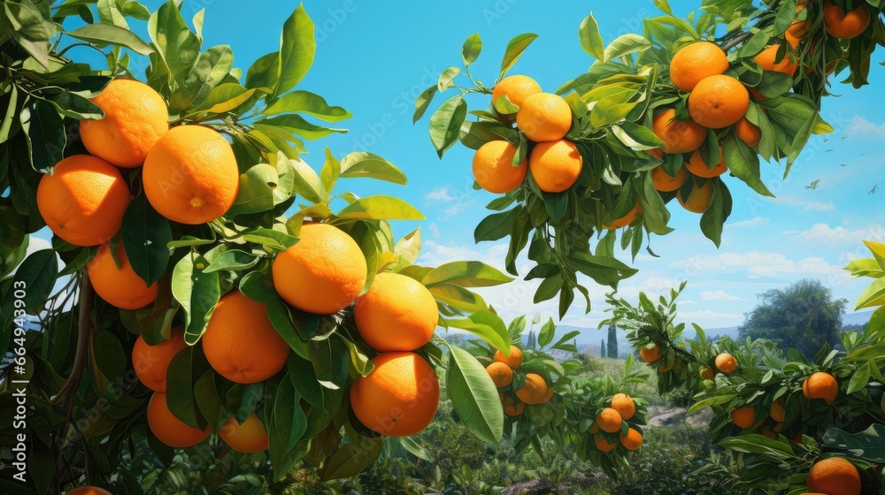 oranges hanging on a branch orange tree in the garden, orange farm concept.