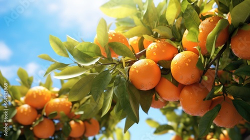 oranges hanging on a branch orange tree in the garden, orange farm concept. photo