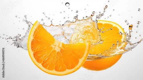 orange fruit cut in half with splash isolated on a white background.