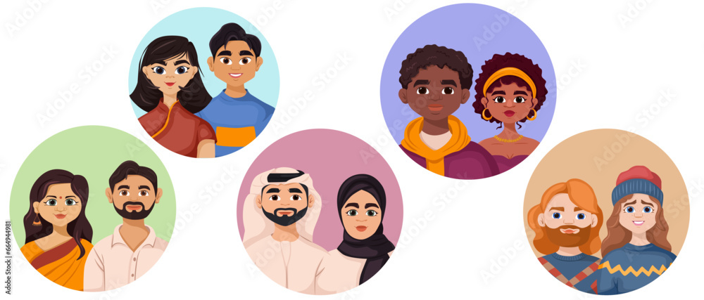 Collection of various ethnic woman and man couples. Set of caucasian, arab, african american, indian, asian pairs. People wearing national clothes. Concept of equality, freedom. Vector illustration Collection of various ethnic woman and man couples. Set of caucasian, arab, african american, indian, asian pairs. People wearing national clothes. Concept of equality, freedom. Vector illustration