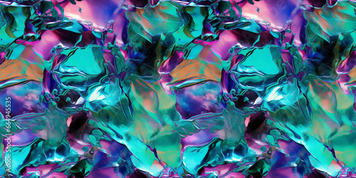 Blue, green and pink holographic surface seamless pattern. Shimmering iridescent tile. Futuristic twisted and crumpled aluminum foil made of liquid metal with color gradients.