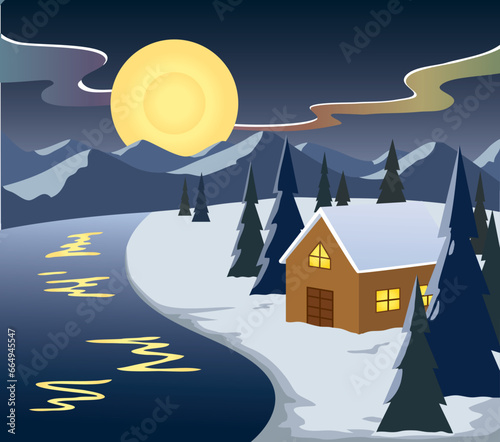 Winter night landscape with house, pine trees, and lake
