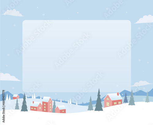 Frame illustration of a snowy winter village landscape with houses and pine trees © hwikyung