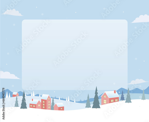 Frame illustration of a snowy winter village landscape with houses and pine trees