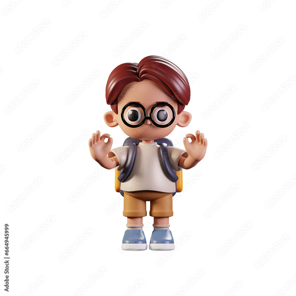 3d Character Student Giving Ok Hand Gesture Pose. 3d render isolated on transparent backdrop. 3d Character Student Giving Ok Hand Gesture Pose. 3d render isolated on transparent backdrop.