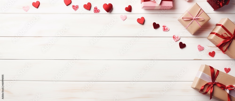 Valentine's Day Flat Lay with Hearts, Gifts, and Candles on White Wooden Background Valentine's Day Flat Lay with Hearts, Gifts, and Candles on White Wooden Background