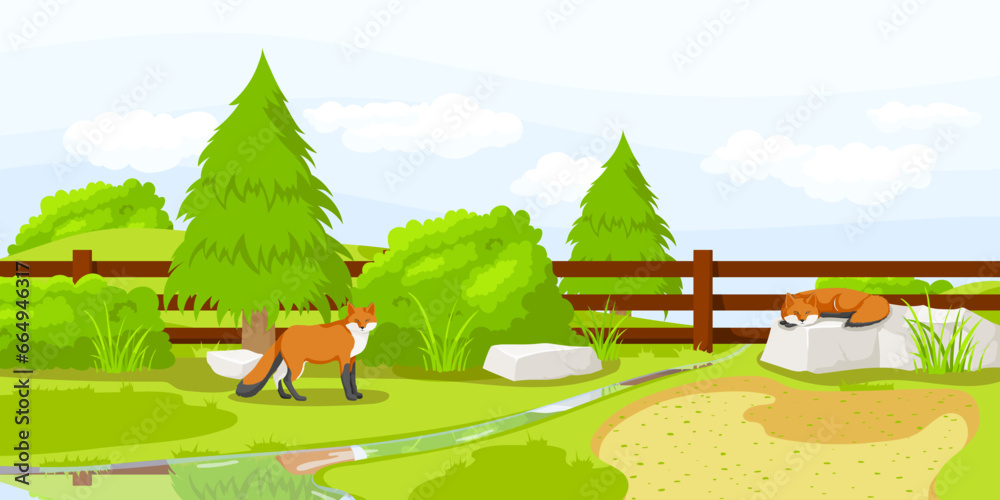Obraz premium Orange fox standing near fence and lying on stone in zoo. Summer vacation. Natural wildlife. Cartoon design. Cute character. Picturesque landscape. Wild nature. Vector illustration