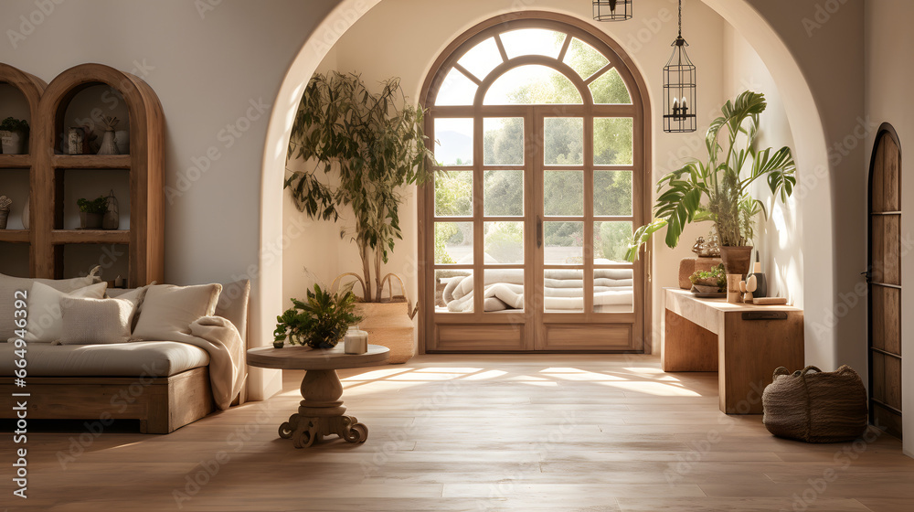 Mediterranean style hallway with arched door. Interior design of modern rustic entrance hall in farmhouse